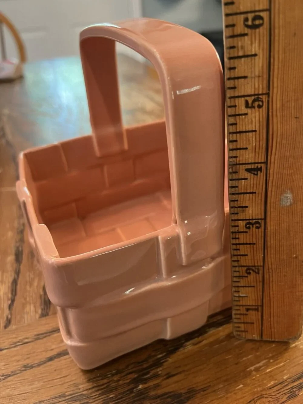 Vintage Ceramic Basket Planter Glossy Peach Finish With Woven Pattern